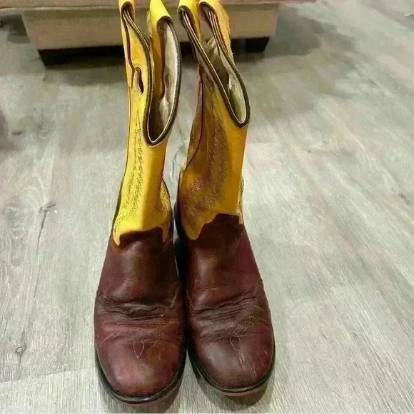 Old West Brown Yellow Leather Western Cowboy Boots Men’s Size 5.5 - Picture 4 of 8